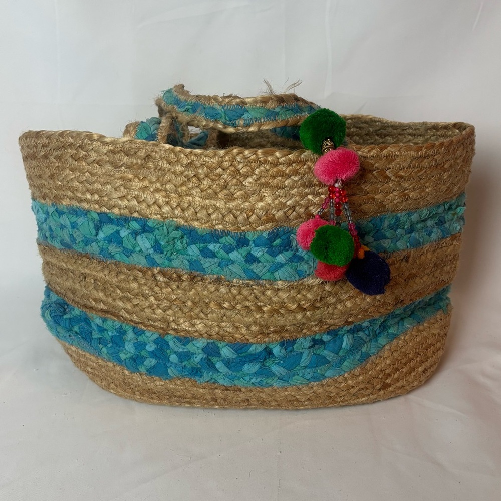 America & Beyond Woven Jute Sisal Blue Fabric Stripe Beach Bag Tote Boho Travel